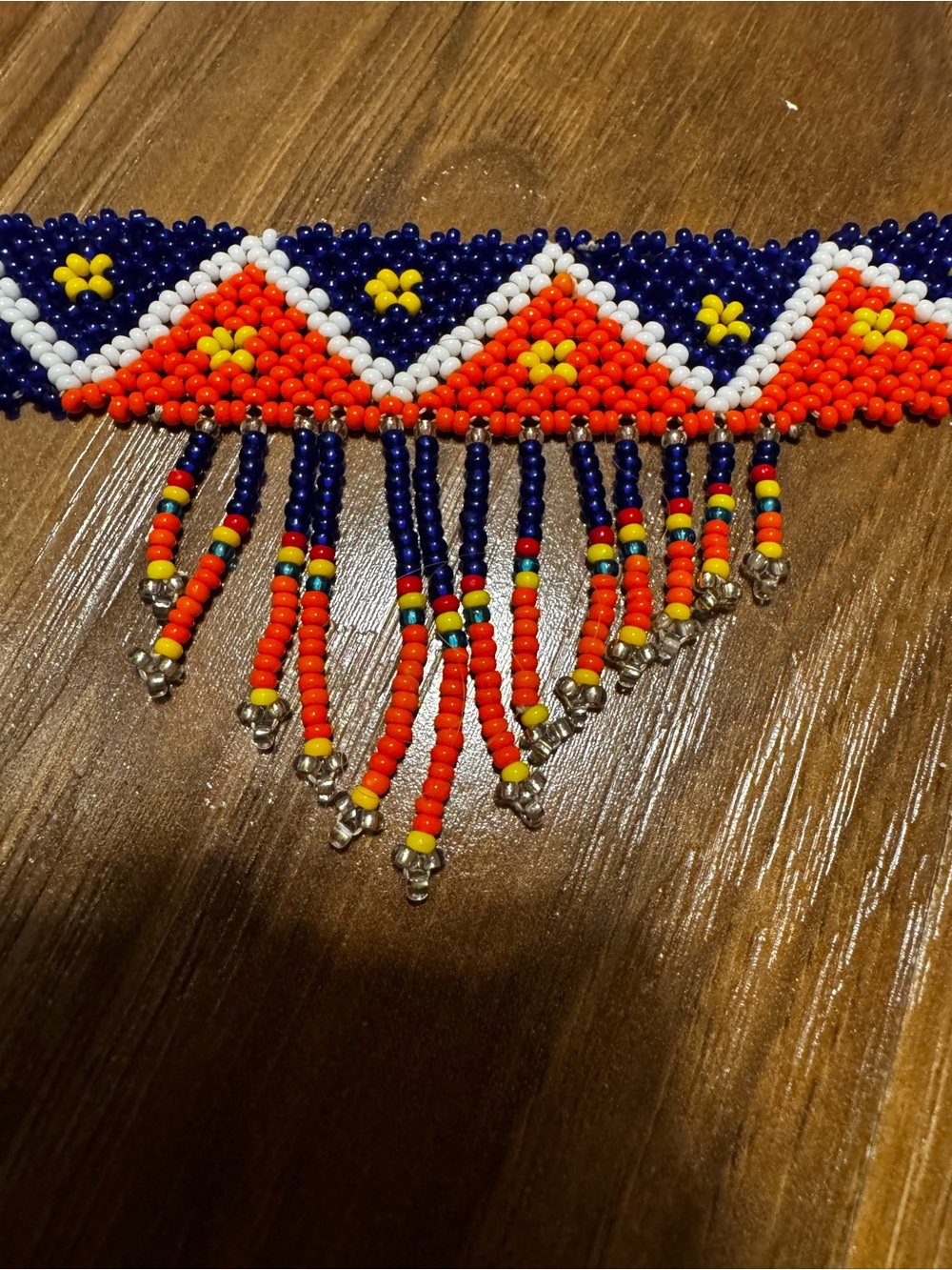 Handmade Beaded Fringe Necklace - Navy, Orange & White